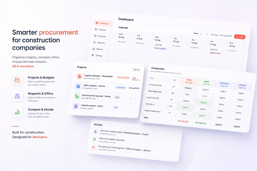 ARC Procurement screens showing projects, budgets and bid comparison.